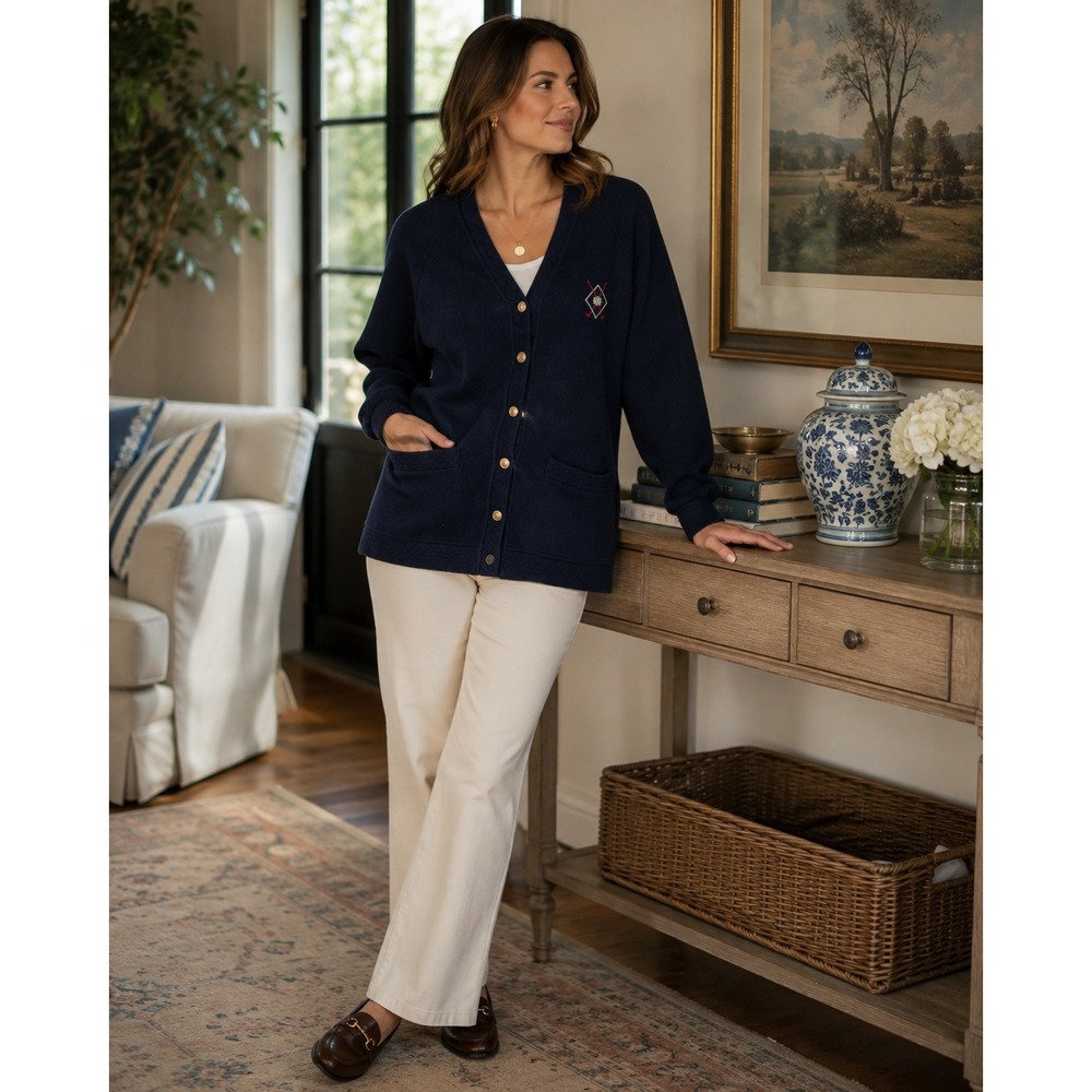 Vintage Escada Sport Navy Cardigan Sweater Gold Buttons Embroidered Logo Medium